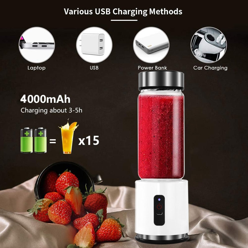 380ml Glass Cup Mini Blender Juicer 4000 mAh Blender Portable USB Rechargeable Fruit Citrus Orange Juice Maker Mixer Bottle