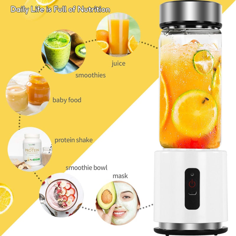 380ml Glass Cup Mini Blender Juicer 4000 mAh Blender Portable USB Rechargeable Fruit Citrus Orange Juice Maker Mixer Bottle