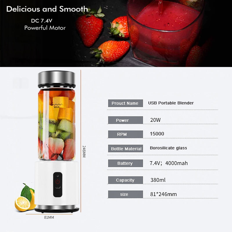 380ml Glass Cup Mini Blender Juicer 4000 mAh Blender Portable USB Rechargeable Fruit Citrus Orange Juice Maker Mixer Bottle